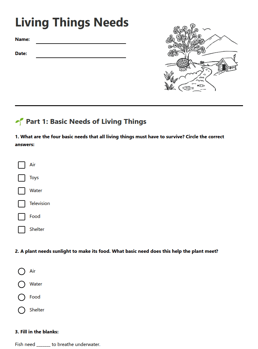 Living Things Needs worksheet preview