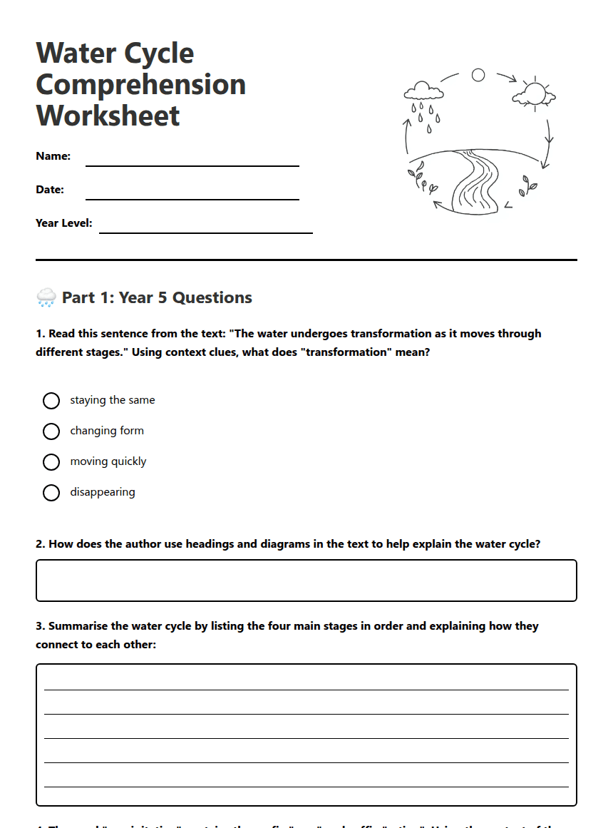 Water Cycle Comprehension Worksheet worksheet preview
