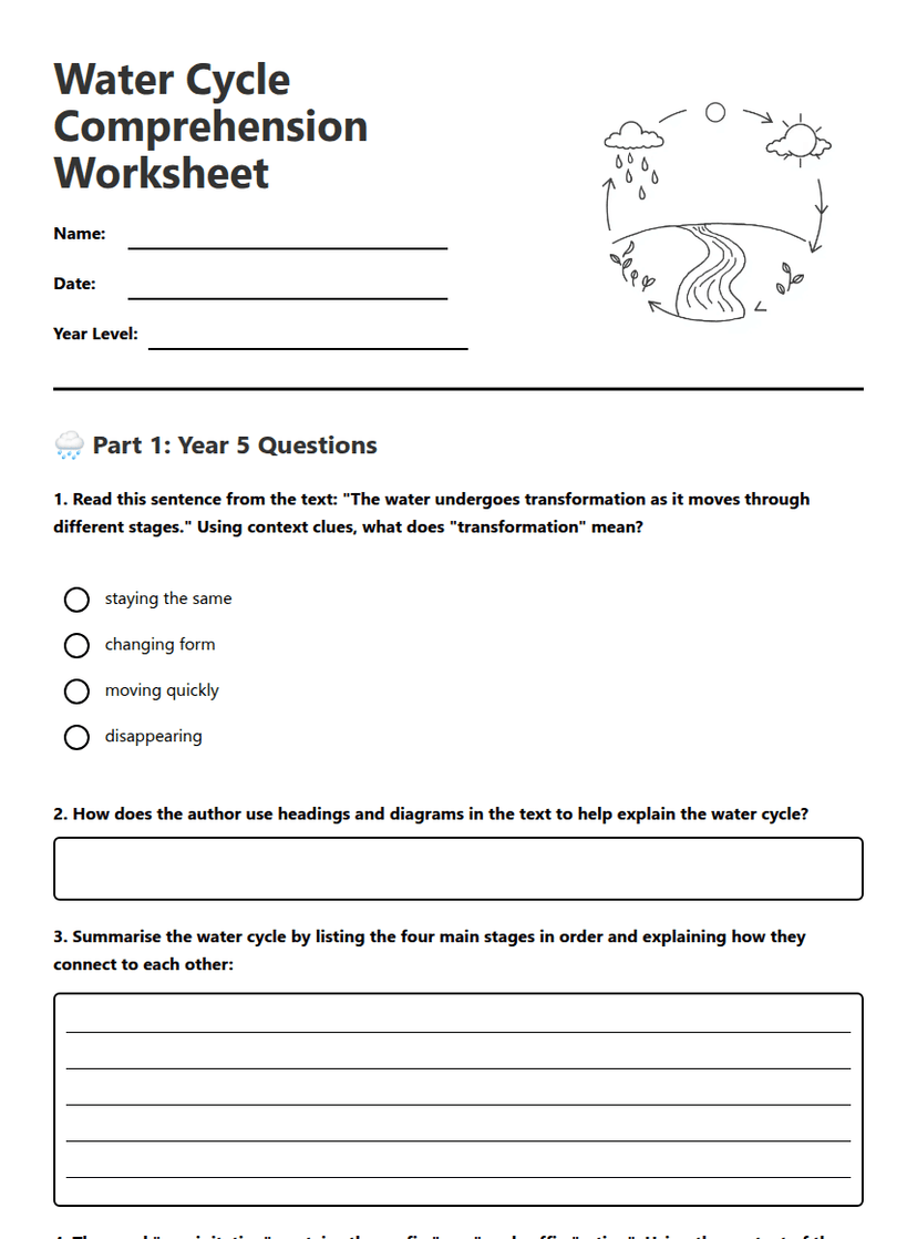 Water Cycle Comprehension Worksheet