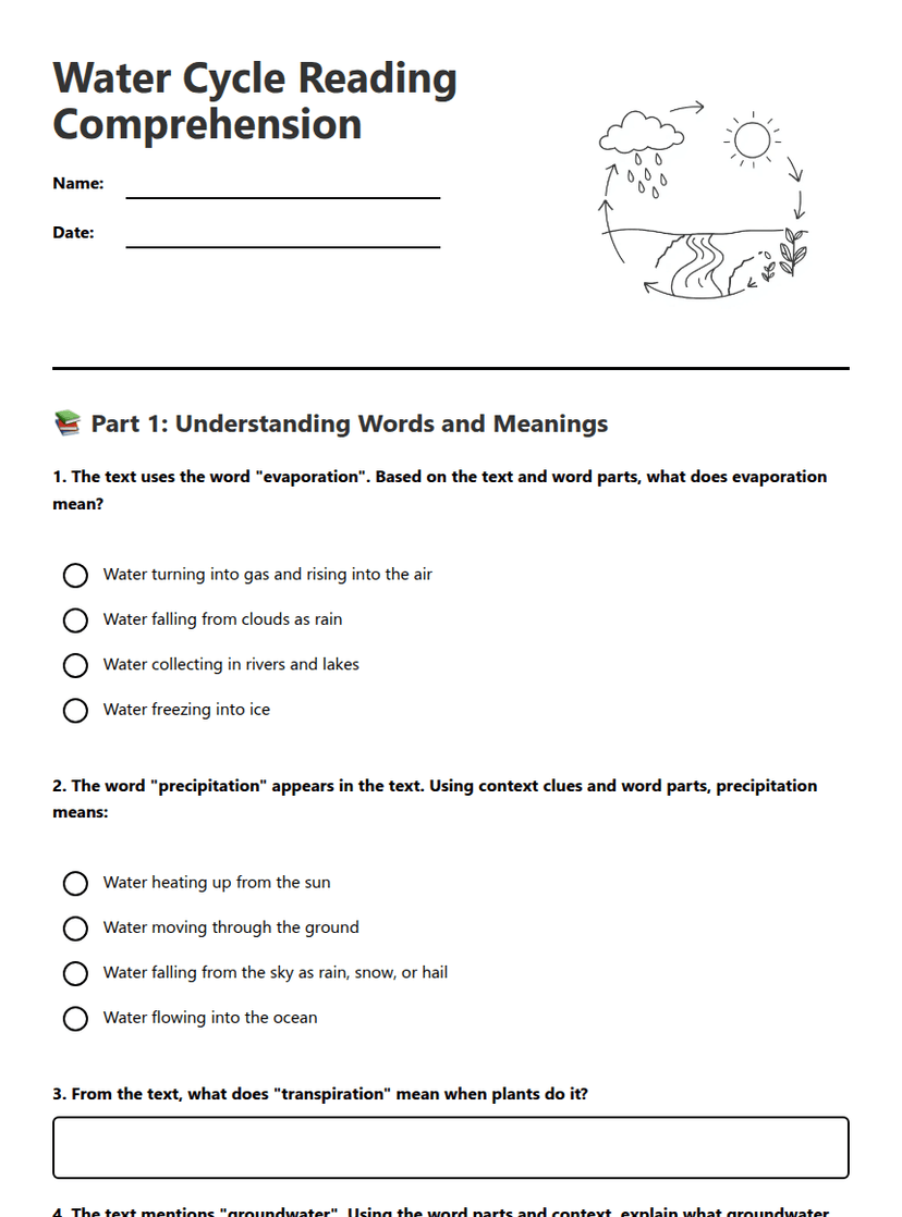 Water Cycle Reading Comprehension