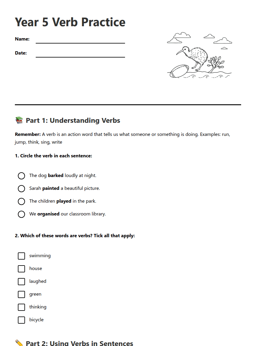 Year 5 Verb Practice worksheet preview