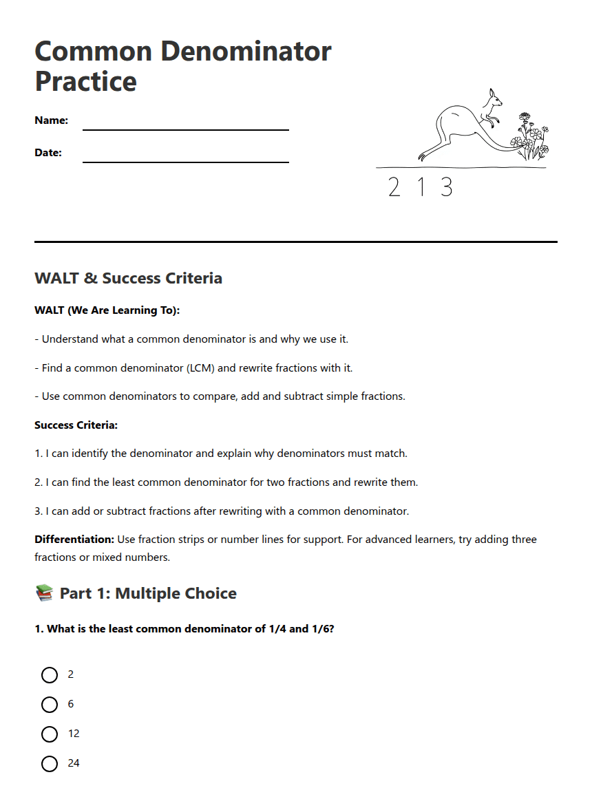 Common Denominator Practice worksheet preview