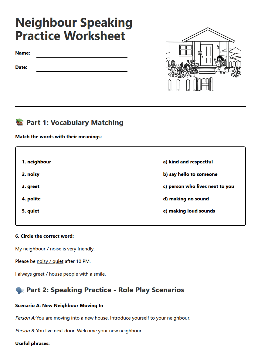 Neighbour Speaking Practice Worksheet worksheet preview