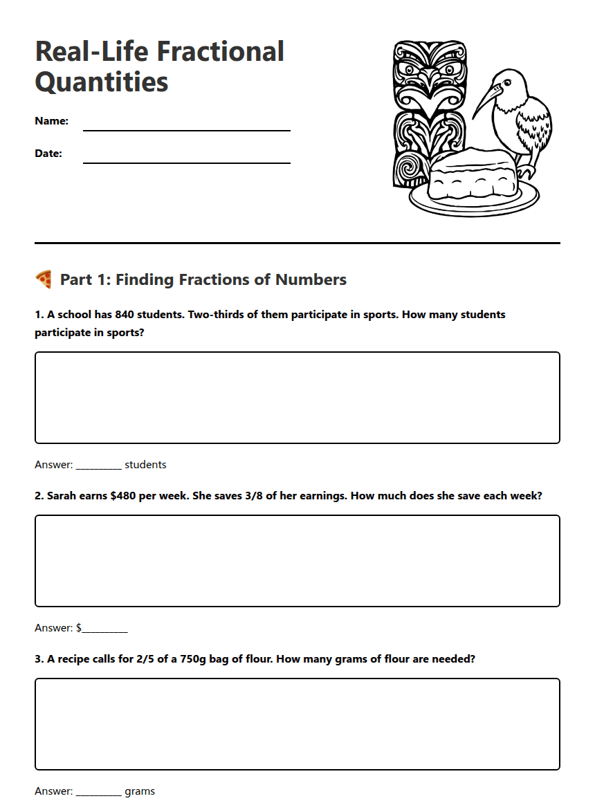 Real-Life Fractional Quantities worksheet preview