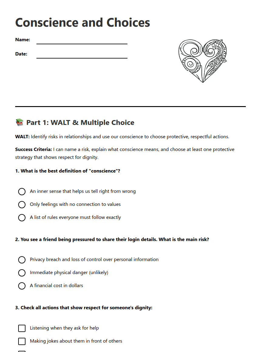 Conscience and Choices worksheet preview