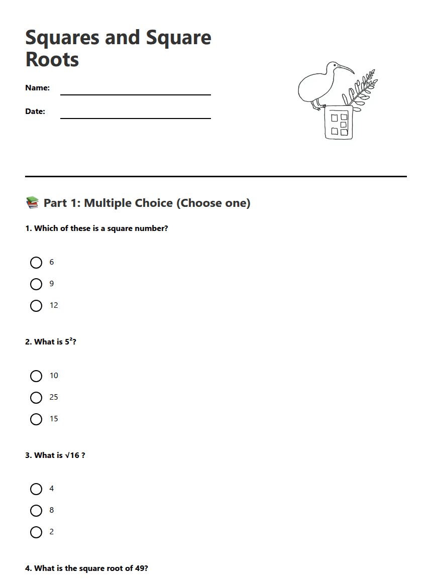 Squares and Square Roots worksheet preview