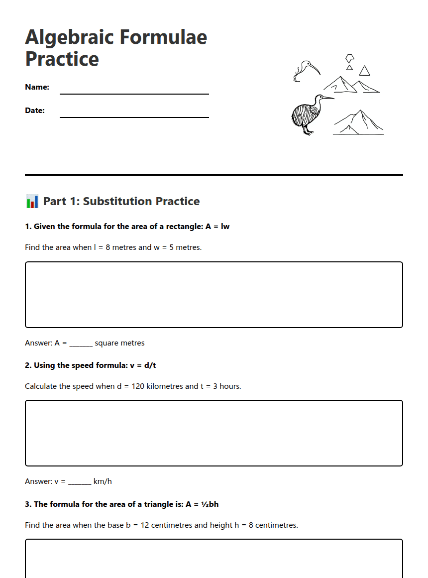 Algebraic Formulae Practice worksheet preview
