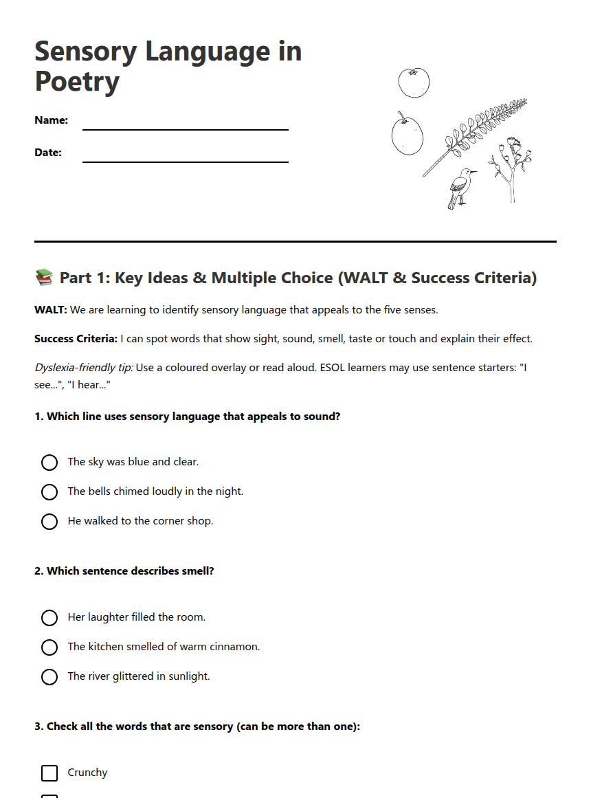 Sensory Language in Poetry worksheet preview