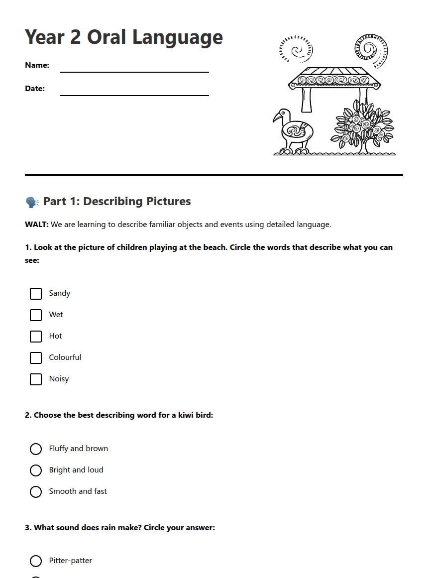 Year 2 Oral Language worksheet preview