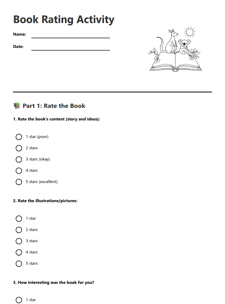 Book Rating Activity worksheet preview