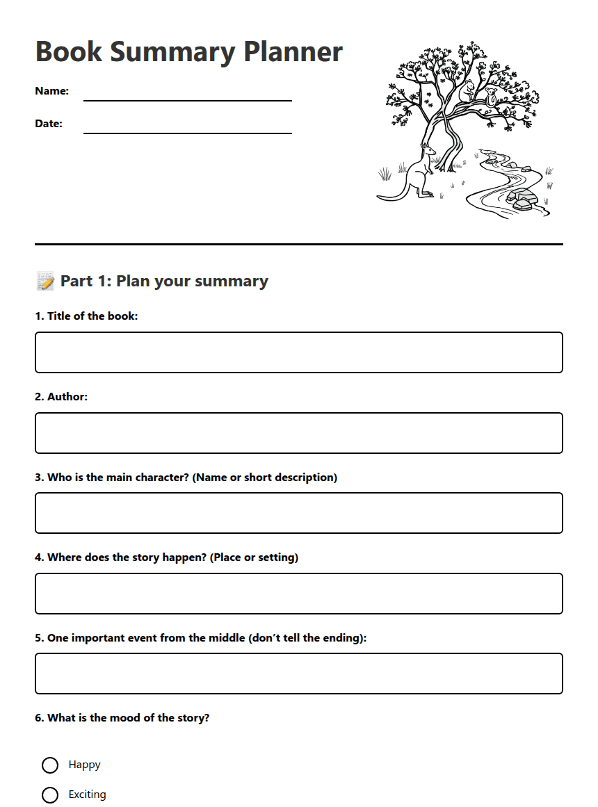 Book Summary Planner worksheet preview