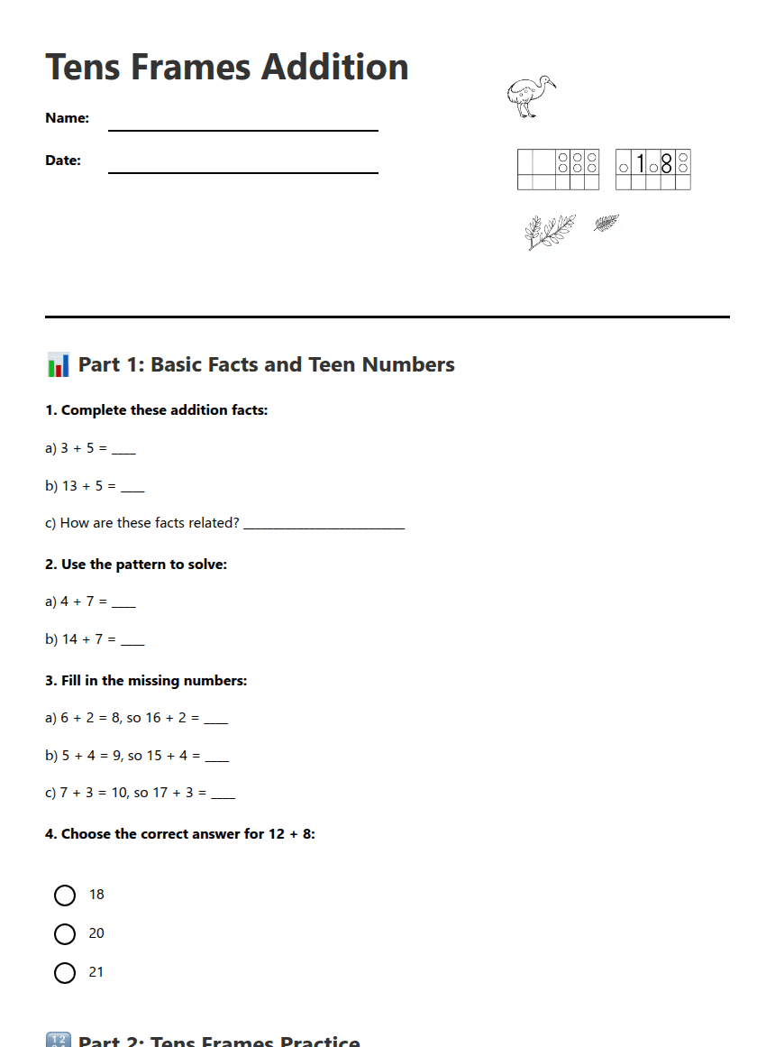 Tens Frames Addition worksheet preview