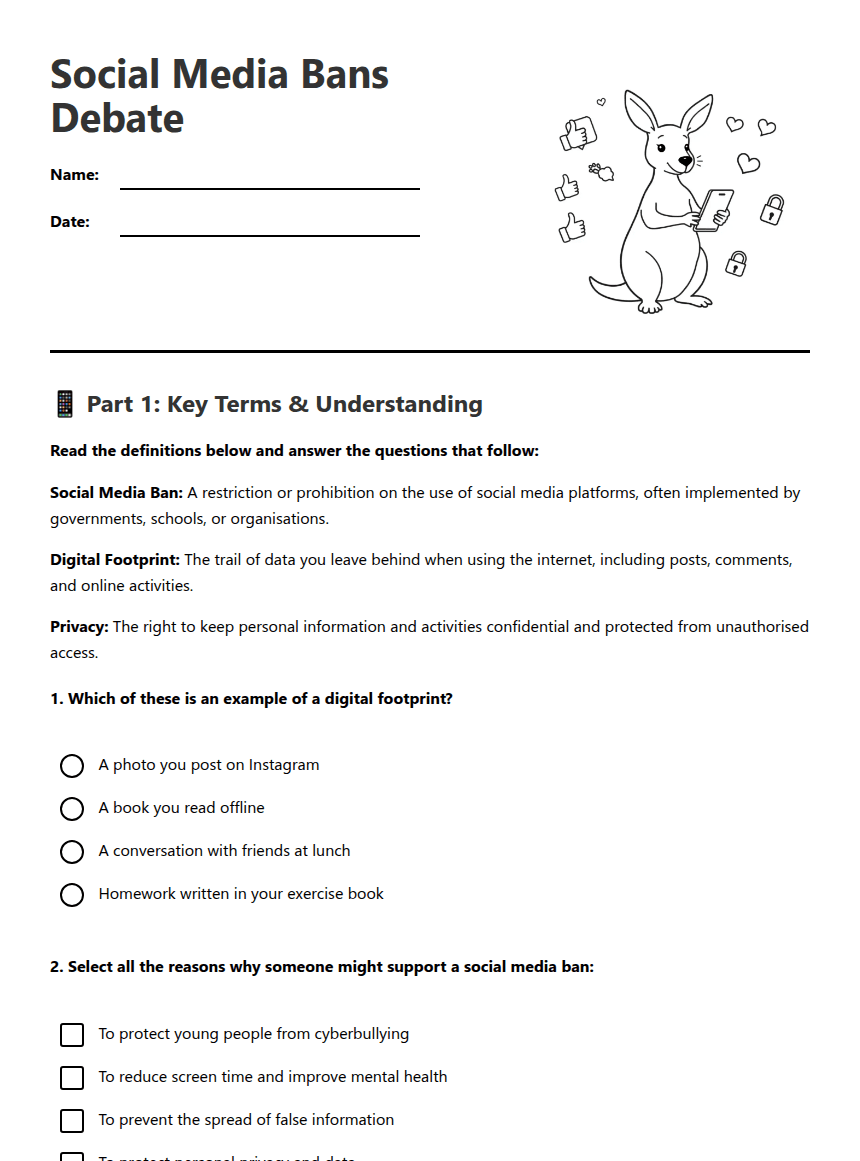 Social Media Bans Debate worksheet preview