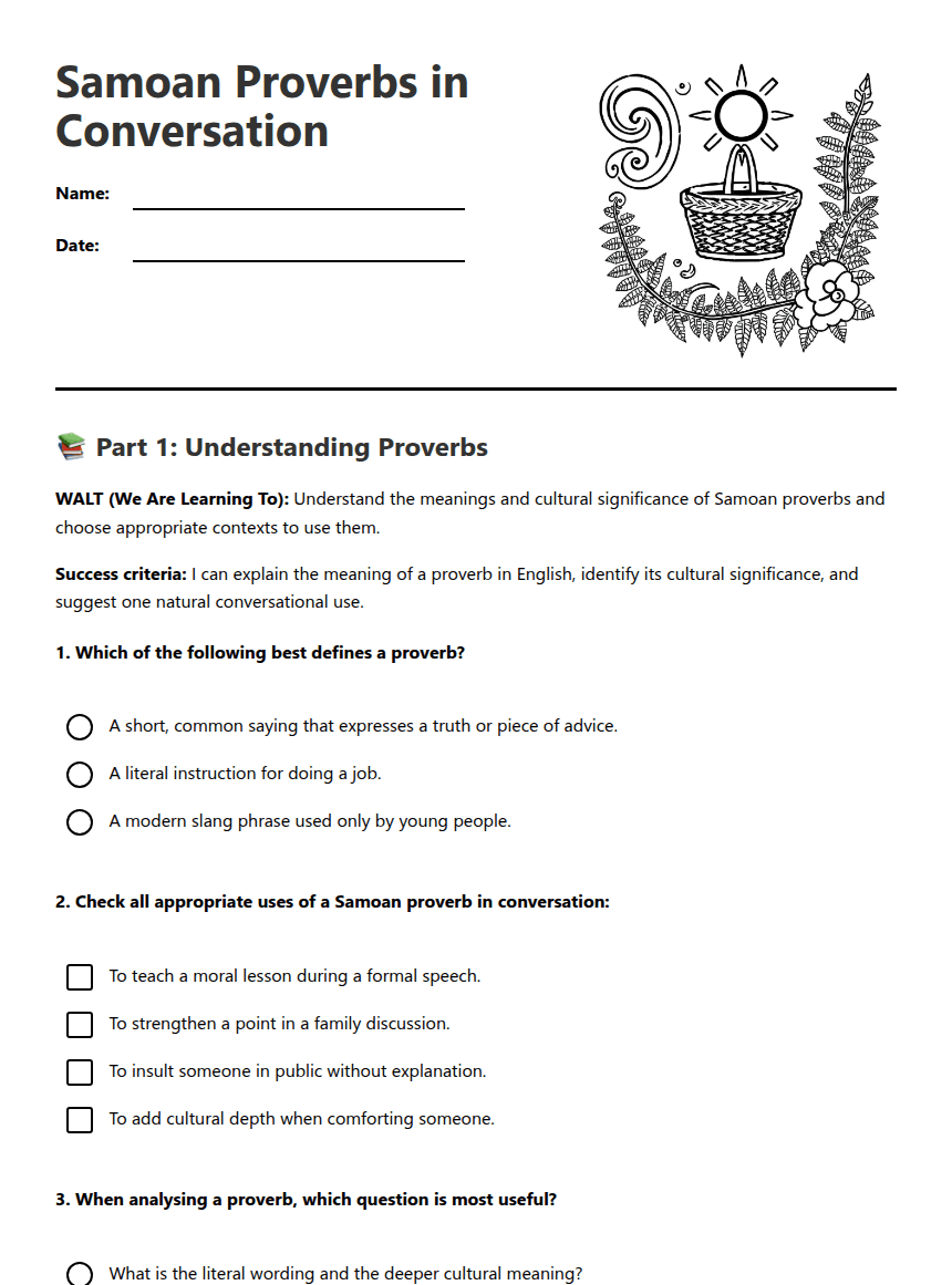 Samoan Proverbs in Conversation worksheet preview