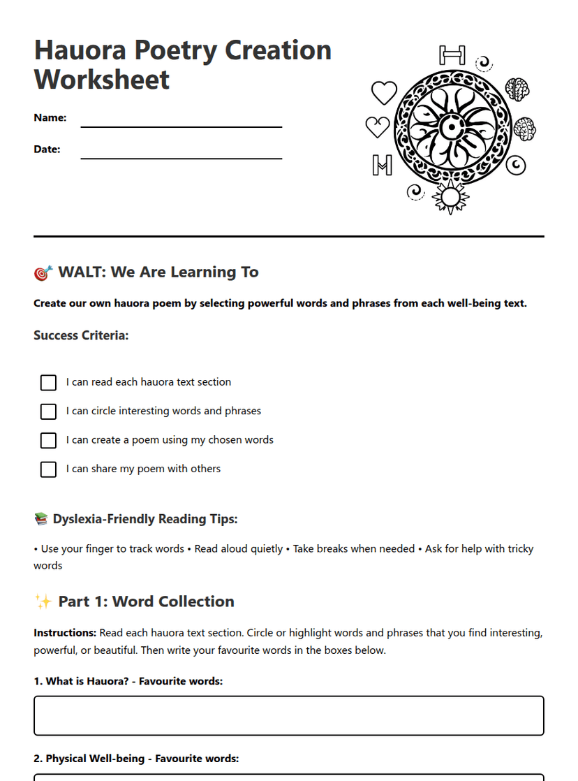 Hauora Poetry Creation Worksheet