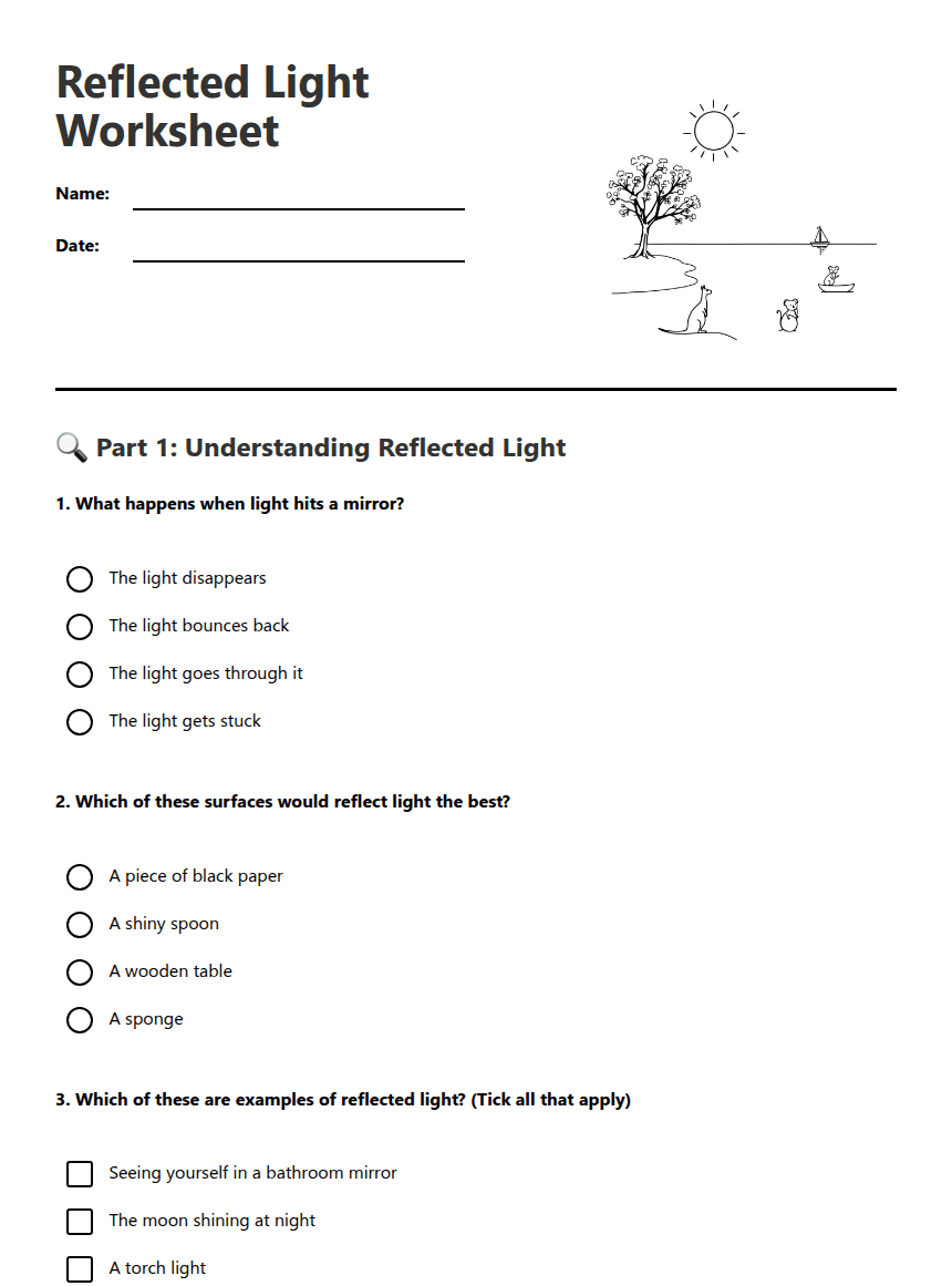 Reflected Light Worksheet worksheet preview