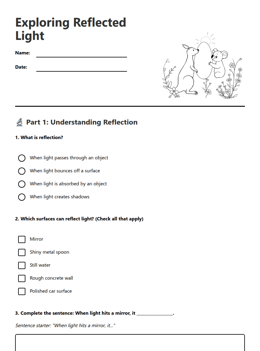 Exploring Reflected Light worksheet preview