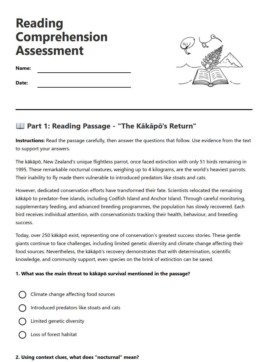 Reading Comprehension Assessment worksheet preview