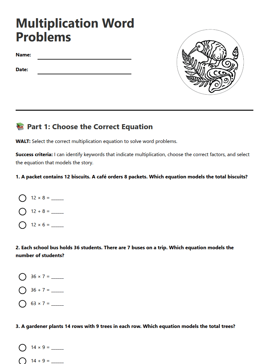 Multiplication Word Problems worksheet preview