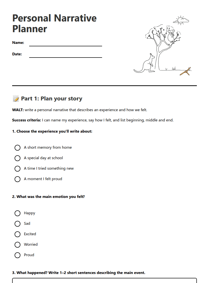 Personal Narrative Planner worksheet preview