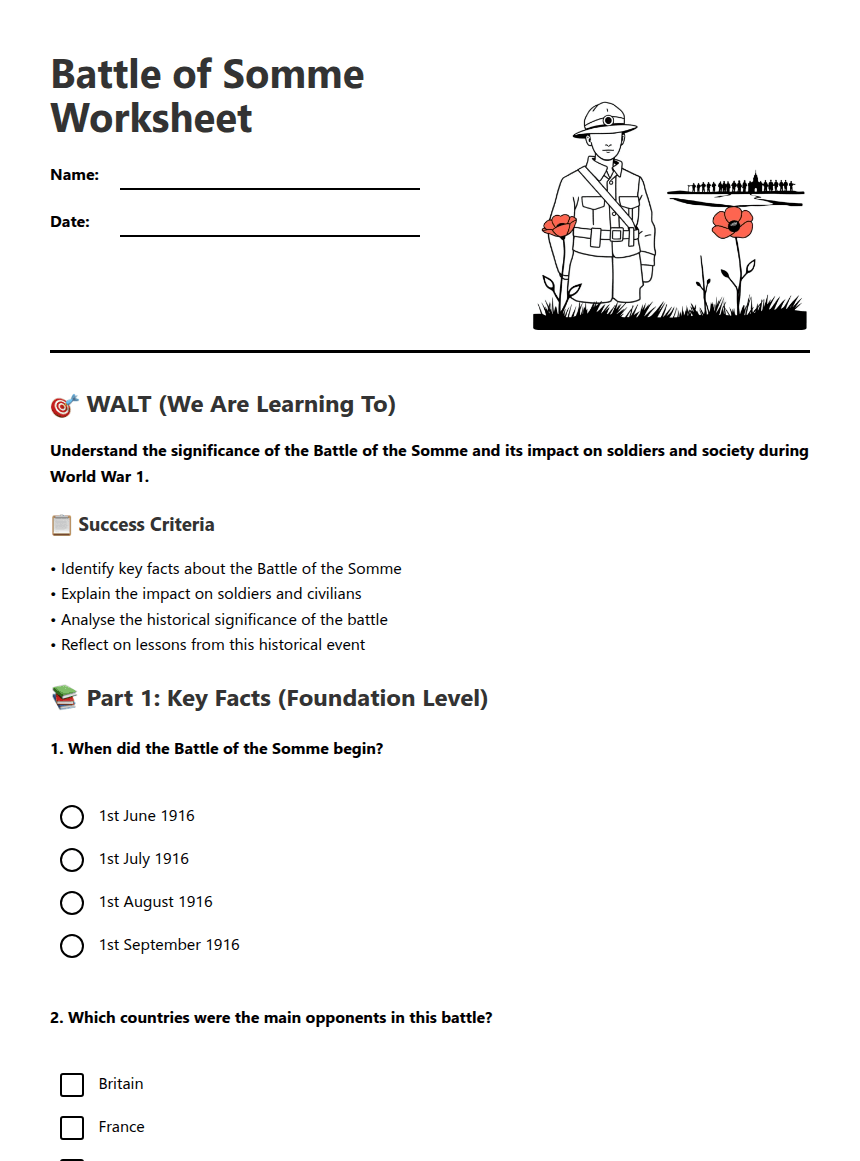 Battle of Somme Worksheet worksheet preview