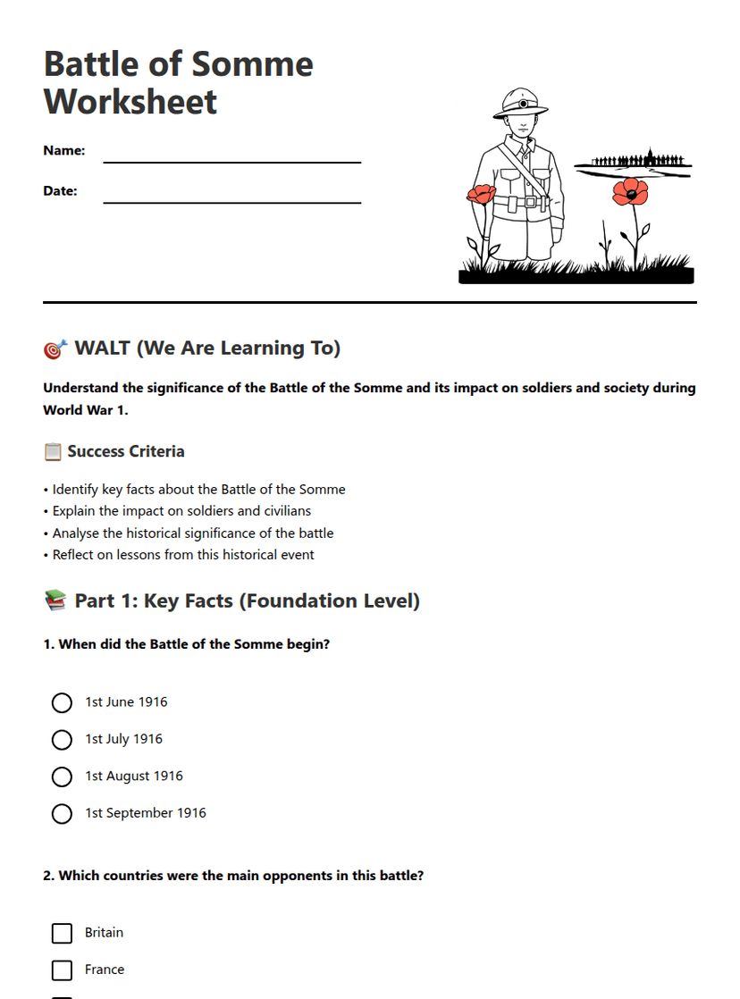 Battle of Somme Worksheet