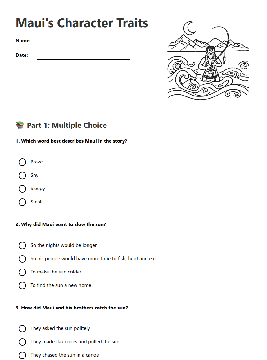 Maui's Character Traits worksheet preview