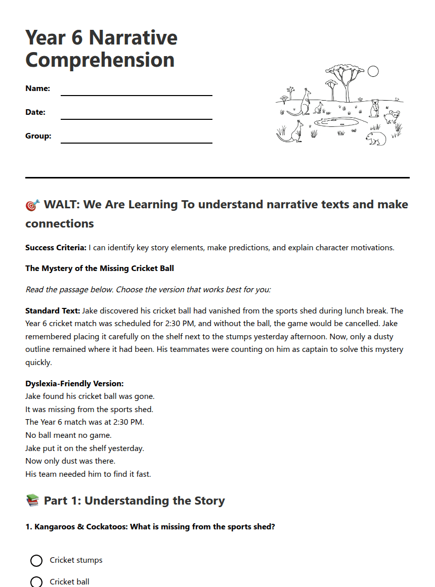 Year 6 Narrative Comprehension worksheet preview