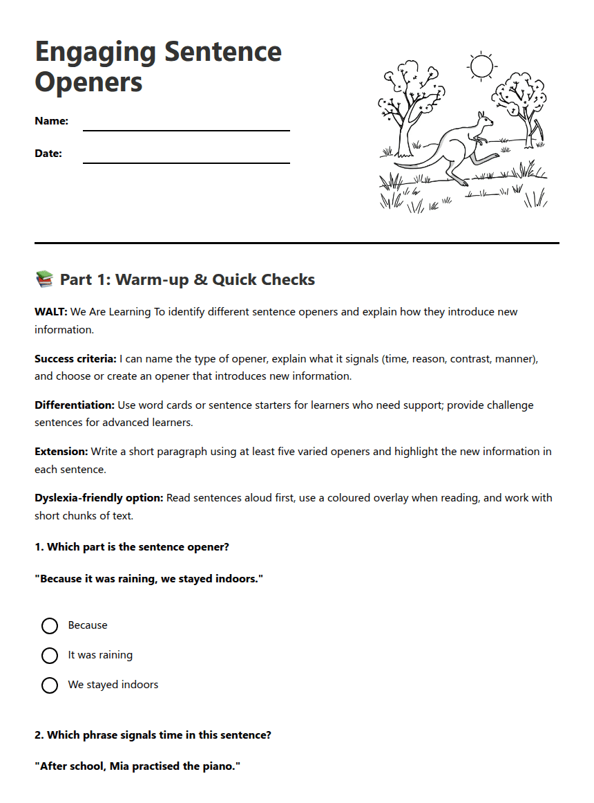 Engaging Sentence Openers worksheet preview