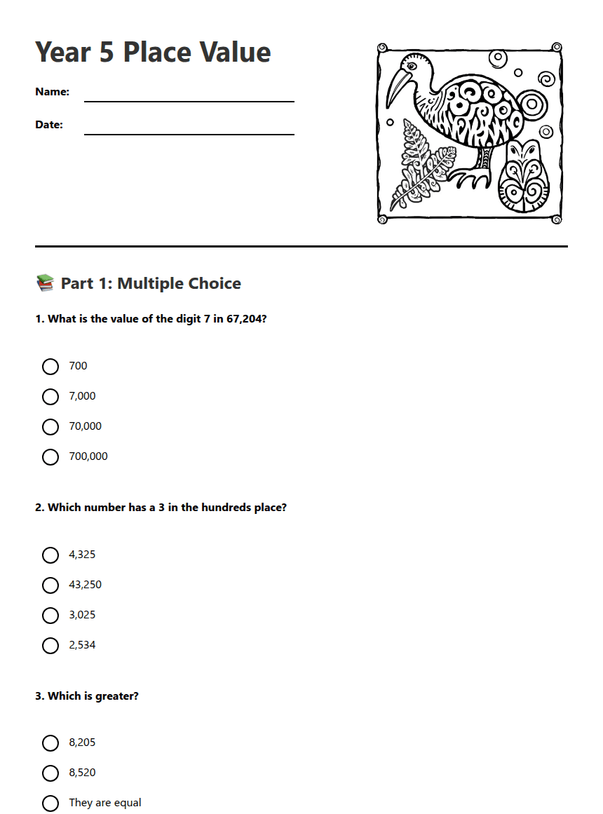 Year 5 Place Value worksheet preview