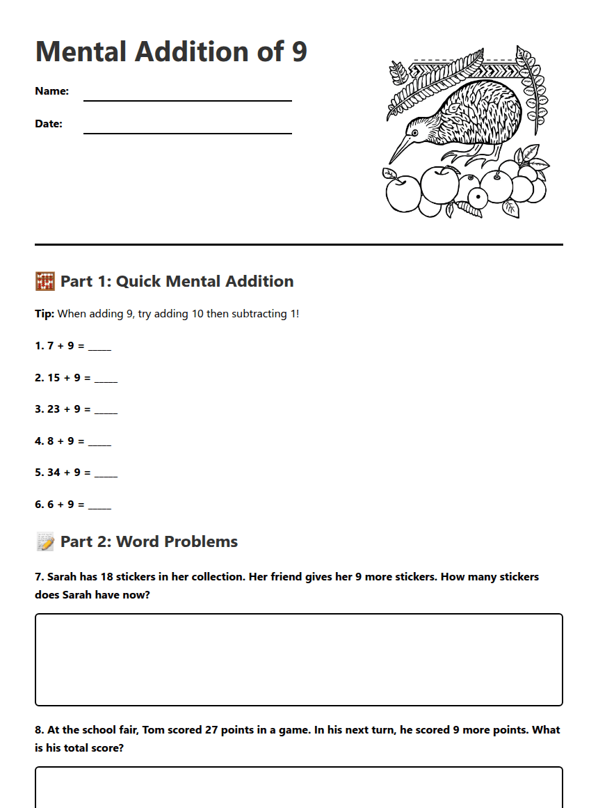 Mental Addition of 9 worksheet preview