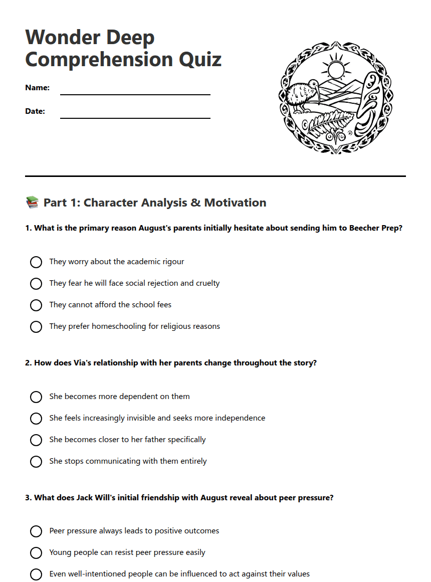 Wonder Deep Comprehension Quiz worksheet preview