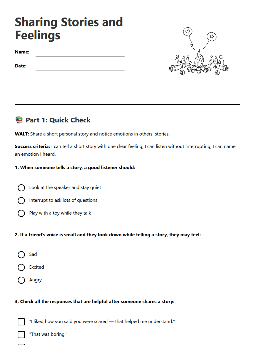 Sharing Stories and Feelings worksheet preview