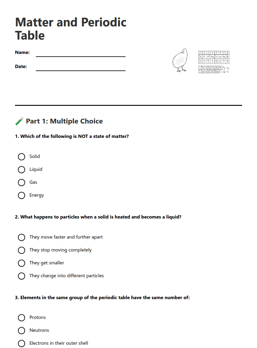 Matter and Periodic Table worksheet preview