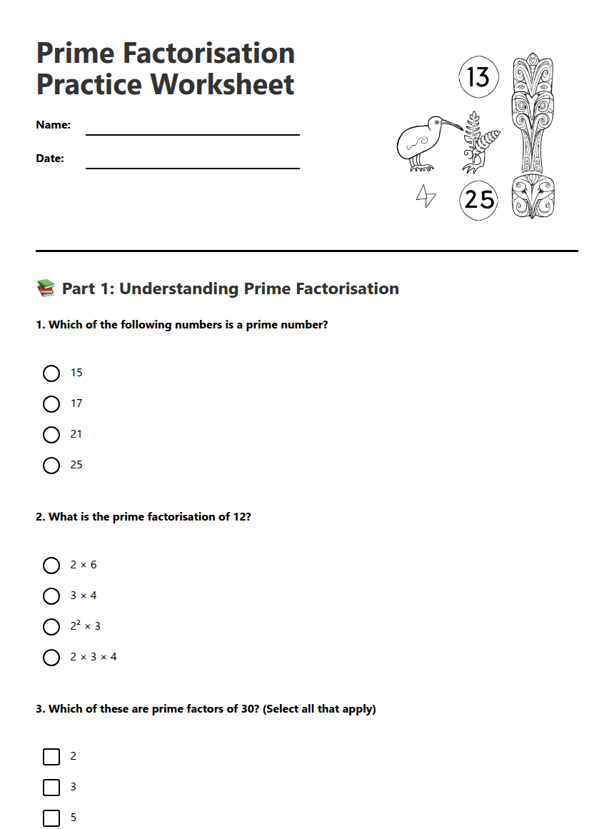 Prime Factorisation Practice Worksheet worksheet preview