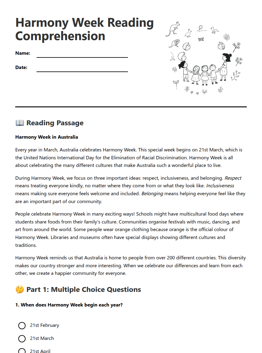 Harmony Week Reading Comprehension worksheet preview