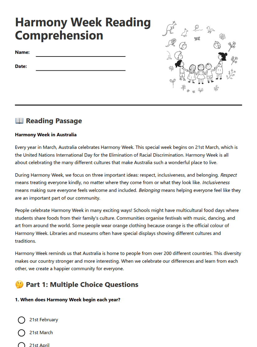 Harmony Week Reading Comprehension