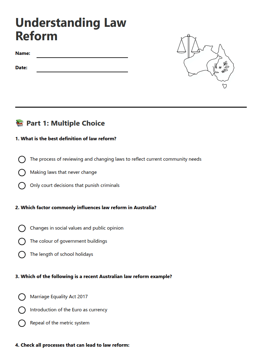 Understanding Law Reform worksheet preview