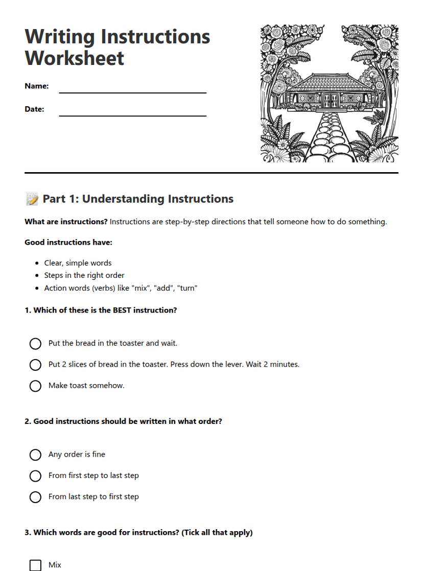 Writing Instructions Worksheet