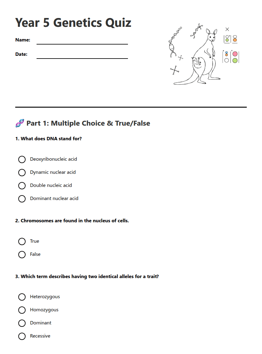 Year 5 Genetics Quiz worksheet preview