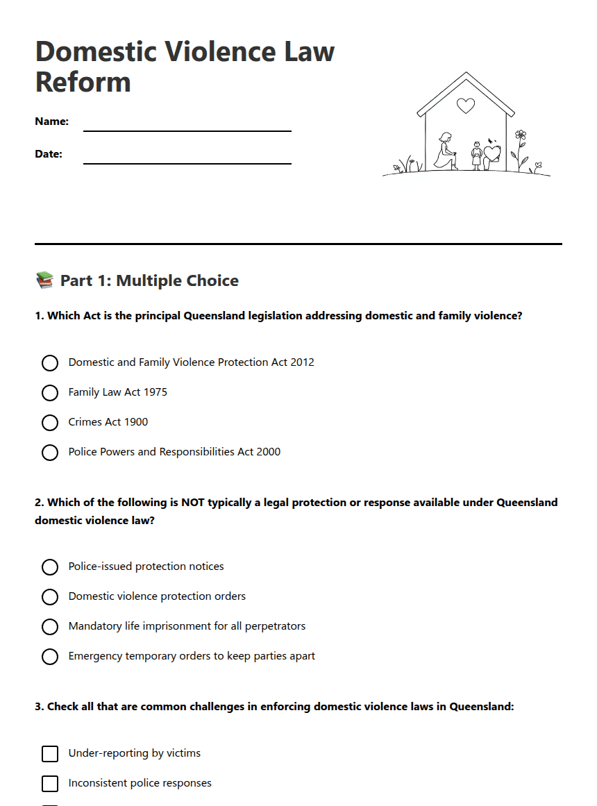 Domestic Violence Law Reform worksheet preview
