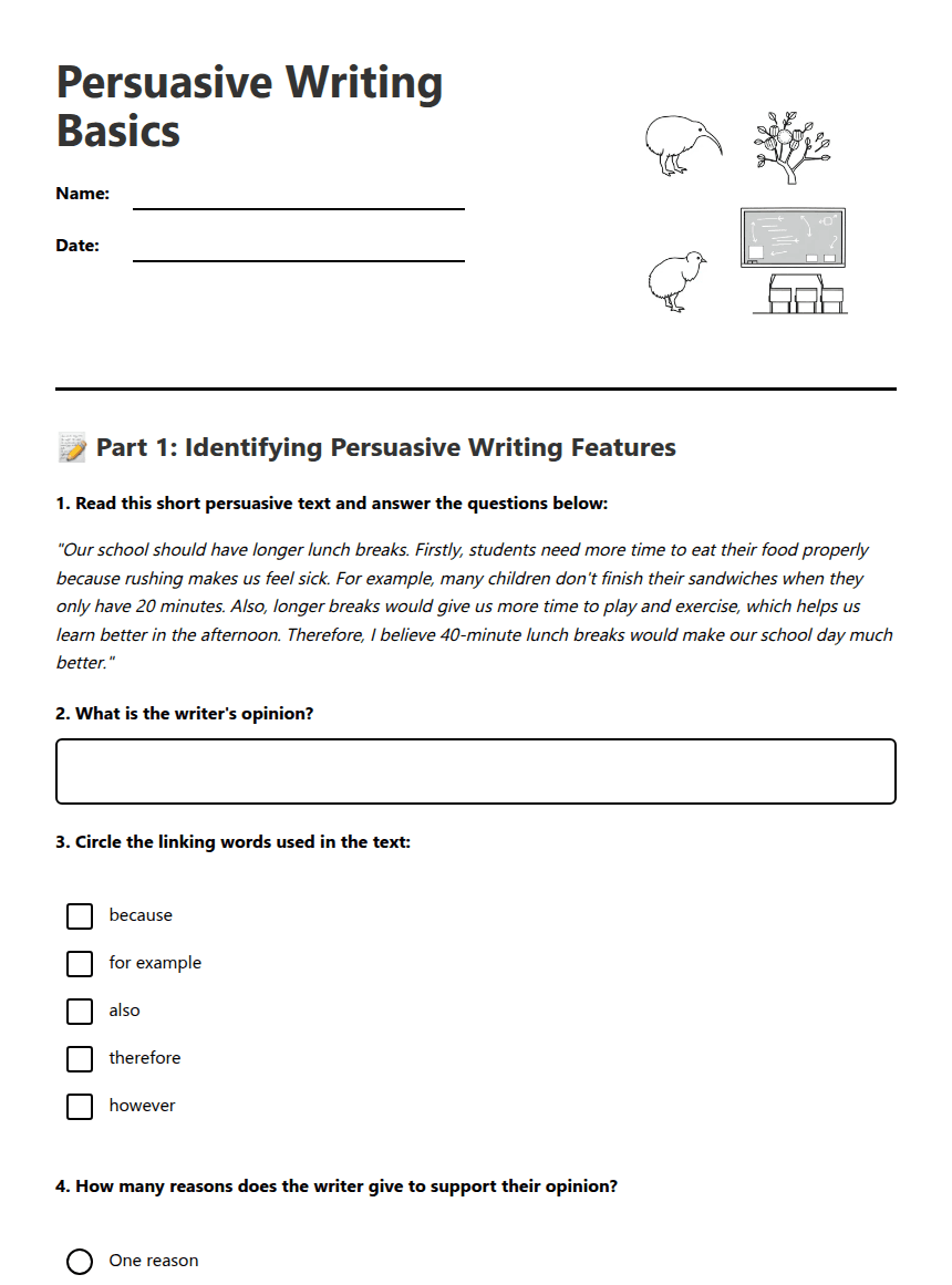 Persuasive Writing Basics worksheet preview