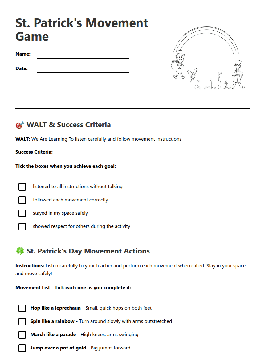 St. Patrick's Movement Game worksheet preview