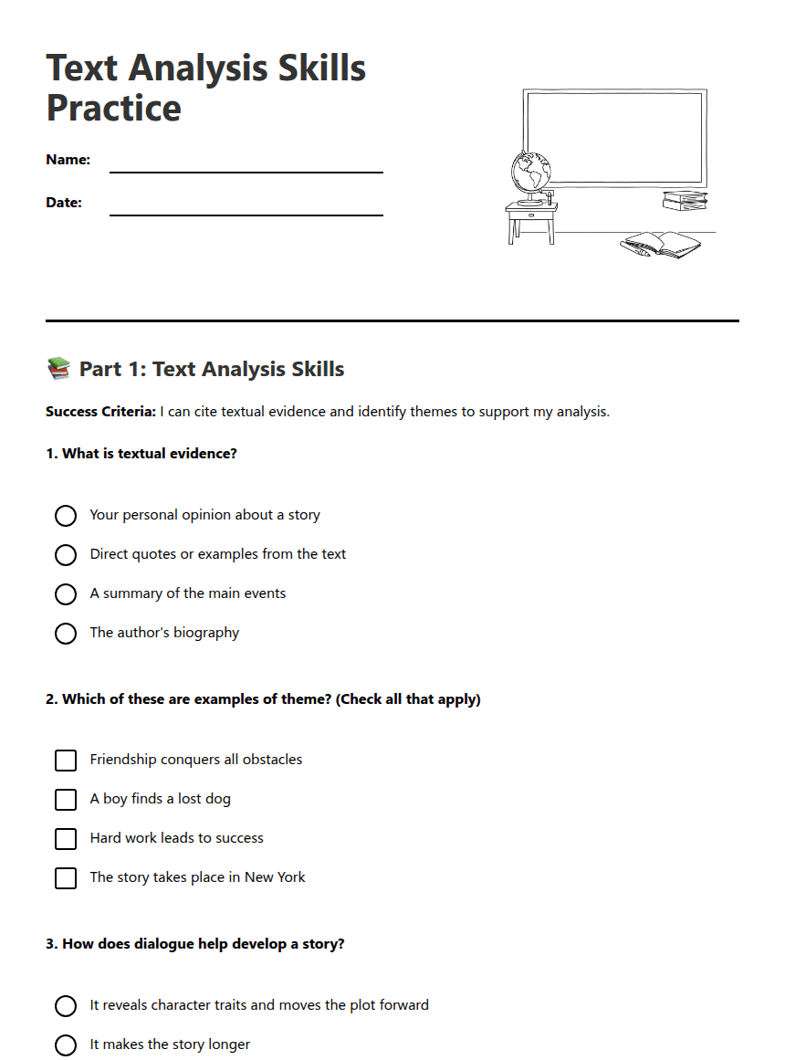 Text Analysis Skills Practice worksheet preview