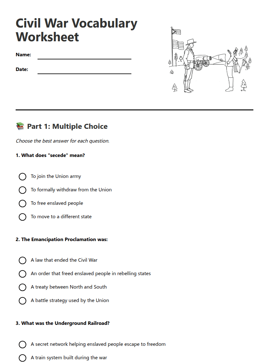 Civil War Vocabulary Worksheet worksheet preview