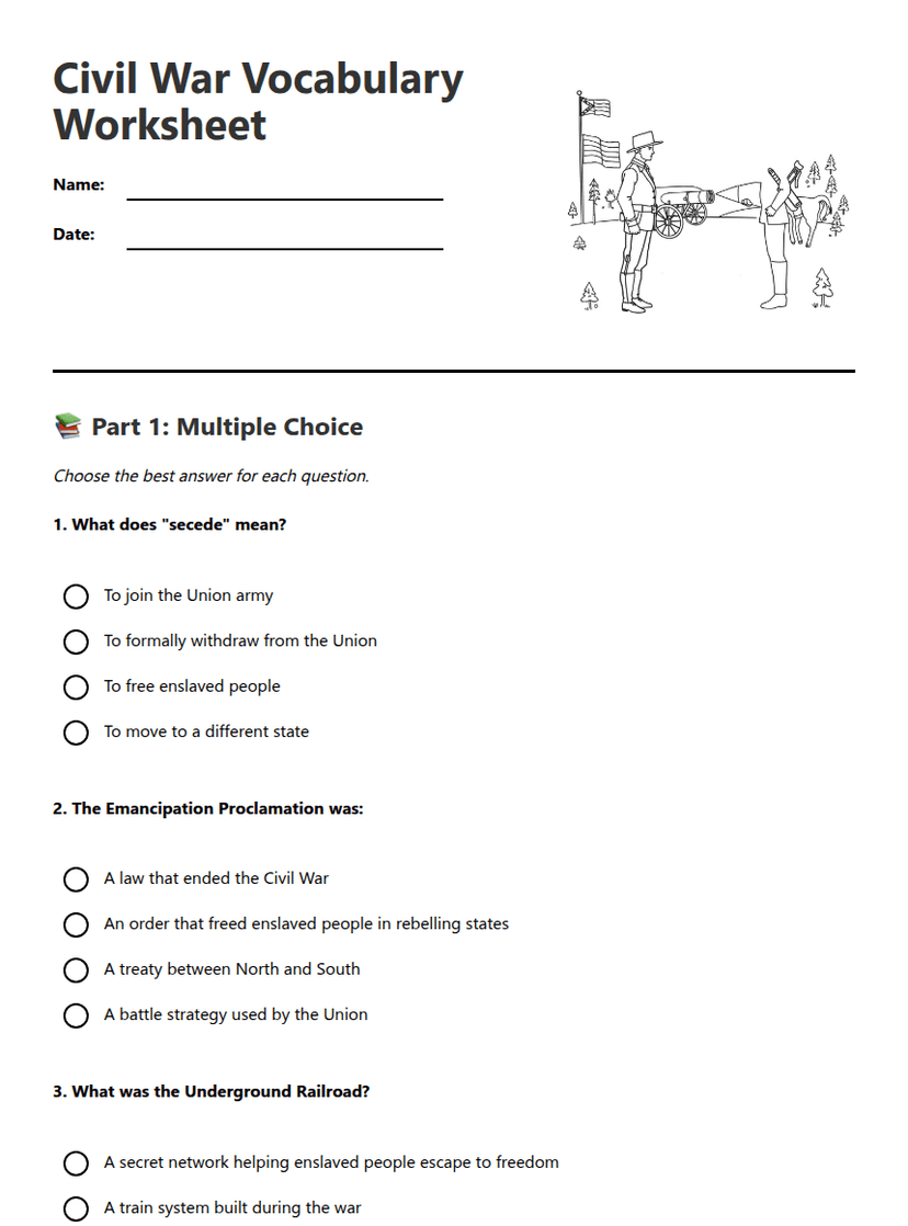 Civil War Vocabulary Worksheet
