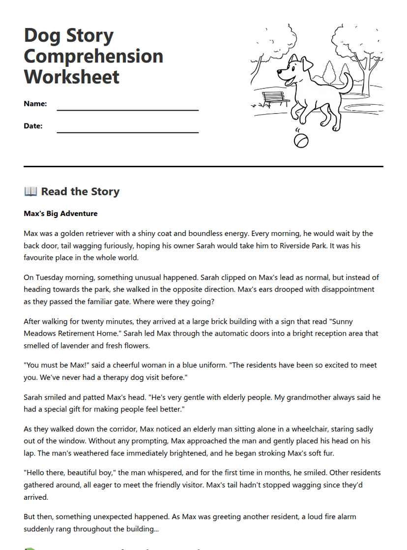Dog Story Comprehension Worksheet