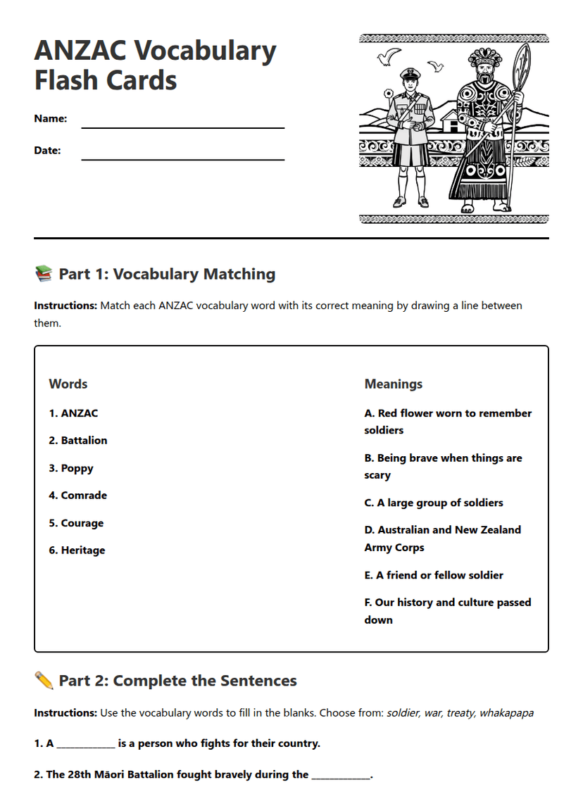 ANZAC Vocabulary Flash Cards