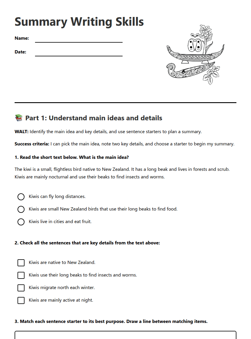 Summary Writing Skills worksheet preview