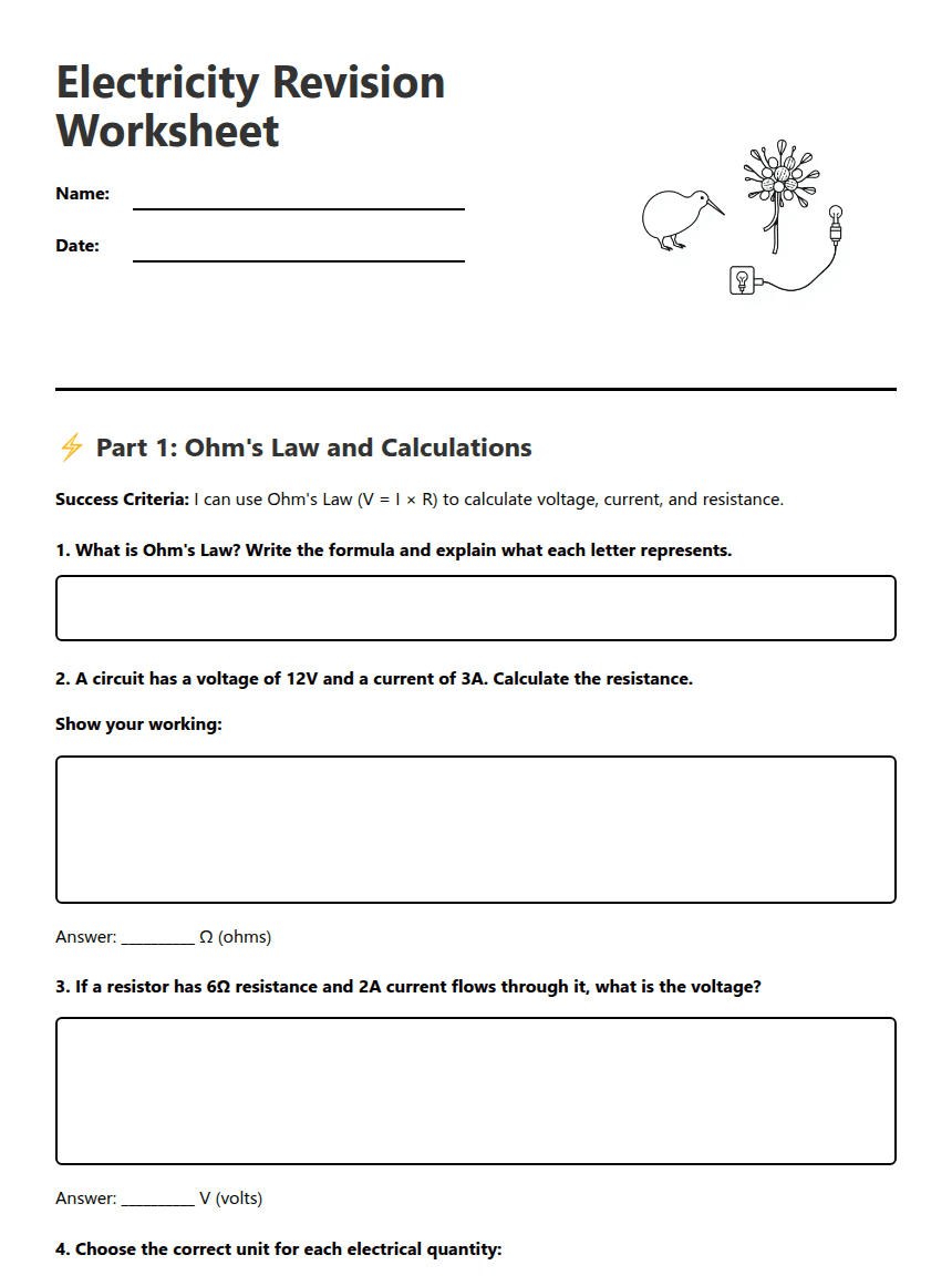 Electricity Revision Worksheet worksheet preview